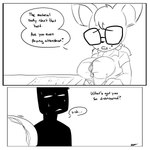 anthro big_breasts braces breast_jiggle breasts button_(fastener) cleavage clothed clothing duo eyewear female glasses jiggling lisp male male/female nerd straining_buttons text inuyuru sega sonic_the_hedgehog_(series) rouge_the_bat bat mammal 1:1 2023 absurd_res english_text hi_res monochrome sketch