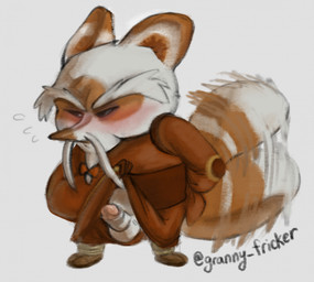 anthro blush brown_rope clothed clothing elderly eyebrows genitals grey_background long_mustache male no_underwear penis robe_lift rope simple_background small_penis solo tail tail_motion tailwag thick_eyebrows white_penis granny_fricker dreamworks kung_fu_panda master_shifu ailurid mammal red_panda 2025 digital_media_(artwork) digital_painting_(artwork) hi_res painting_(artwork) signature