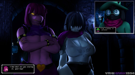 abs anthro areola areola_slip armor bangs big_breasts black_body black_fur blue_body blue_hair blue_skin blush bracelet breasts cartoon_freckles cleavage clothed clothing crossed_arms curvy_figure detailed_background dialogue eyewear female fingers freckled_face freckles fur glasses group hair hair_over_eyes hat headgear headwear jewelry male navel nipple_outline one_eye_obstructed purple_body purple_hair purple_skin scarf short_hair smile spiked_bracelet spikes standing teal_eyes teeth text topwear under_boob vest wide_hips yellow_sclera yamimarik1994 darkflash23_(modeler) deltarune undertale_(series) kris_dreemurr ralsei susie_(deltarune) bovid caprine darkner goat human mammal reptile scalie 16:9 2021 3d_(artwork) 4k absurd_res artist_name digital_media_(artwork) english_text hi_res source_filmmaker_(artwork) widescreen