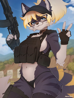anthro biped breasts claws clothed clothed_anthro clothed_female clothing cloud countershade_torso countershading day eyewear female fingers front_view fur glasses gun hair looking_at_viewer navel outside ranged_weapon sky smile standing tail weapon amarihel lorna_(sevenn) canid canine canis mammal wolf 2026 digital_drawing_(artwork) digital_media_(artwork) hi_res