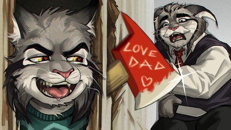 axe black_eyebrows duo eyebrows fur grey_body grey_fur heart_pupils holding_knife holding_object knife pink_nose text puplowkey disney stephen_king_(copyright) the_shining zootopia milton_lynxley pawbert_lynxley felid feline lynx mammal absurd_res colored english_text hi_res father_(lore) father_and_child_(lore) father_and_son_(lore) parent_(lore) parent_and_child_(lore) parent_and_son_(lore) son_(lore)