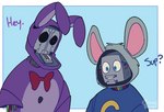 2021 animatronic black_sclera blue_background blue_eyes blue_text border bow_tie channydraws charles_entertainment_cheese chuck_e._cheese's_pizzeria dialogue duo english_text five_nights_at_freddy's five_nights_at_freddy's_2 fur lagomorph leporid machine male mammal mascot mouse murid murine outline pink_inner_ear purple_body purple_fur purple_inner_ear purple_text rabbit red_bow_tie red_eyes robot rodent scottgames simple_background text white_border wire withered_bonnie_(fnaf)