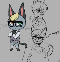 anthro biped blonde_hair bottomless clothed clothing eyewear featureless_crotch frown glasses grey_body grey_skin hair heterochromia looking_at_viewer male multiple_poses open_mouth pose rectangular_glasses simple_background smile solo glacierclear animal_crossing nintendo raymond_(animal_crossing) domestic_cat felid feline felis mammal 2022