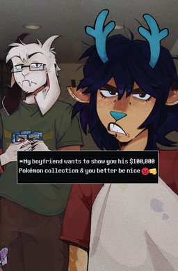 anthro antlers black_hair blue_antlers blue_nose clothed clothing duo eyebrows eyewear facial_piercing fangs female frown fully_clothed fur glasses hair horn lip_piercing long_ears looking_at_viewer male nerd piercing pokemon_card rectangular_glasses romantic romantic_couple shirt t-shirt teeth text thick_eyebrows topwear white_body white_fur aembecile deltarune nintendo pokemon pokemon_tcg undertale undertale_(series) asriel_dreemurr dess_holiday bovid caprine deer goat mammal new_world_deer reindeer english_text hi_res