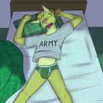 1:1 adam_caro anthro army bed bobcat briefs bulge clothed clothing colored_seam_underwear english_text felid feline freckles furniture fuze green_briefs green_clothing green_underwear grey_clothing grey_shirt grey_topwear hi_res lying lynx male mammal open_mouth pillow pink_nose shirt sleeping solo t-shirt teeth texnatsu text tongue topwear underwear white_seam_briefs white_seam_underwear