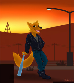 anthro baseball_bat bat_(object) bottomwear clothing fur jacket leather leather_clothing leather_jacket leather_topwear male orange_body orange_fur outside pants power_lines solo street_lamp sunset tail topwear weapon cleiarkent night_in_the_woods gregg_lee canid canine fox mammal