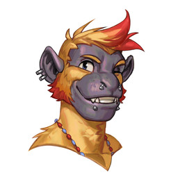 anthro barbell_piercing blonde_hair blue_eyes circular_barbell_piercing ear_piercing ear_ring facial_piercing fangs fur glistening glistening_eyes grey_body hair jewelry looking_at_viewer male male_anthro multicolored_hair multiple_piercings necklace nose_piercing one_eye_closed piercing red_hair ring_piercing septum_circular_barbell septum_piercing short_hair simple_background solo teeth two_tone_hair white_background yellow_body yellow_fur edvardiko haplorhine mammal monkey primate bust_portrait hi_res portrait