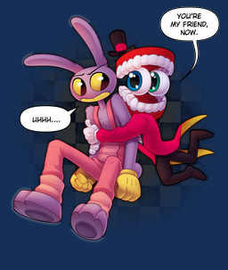 anthro blush clothed clothing duo embarrassed feet fur gloves handwear hat headgear headwear hug male overalls purple_body purple_fur sitting speech_bubble text absolutedream glitch_productions the_amazing_digital_circus caine_(tadc) jax_(tadc) humanoid lagomorph leporid mammal mouth_creature rabbit absurd_res alpha_channel english_text hi_res