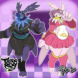anthro belly black_body clothing duo facial_piercing female fingerless_gloves fishnet_clothing fishnet_topwear gloves hair hair_over_eyes handwear horn jacket lip_piercing long_ears male navel piercing pink_body slightly_chubby snakebite_piercing topwear womb_tattoo yellow_eyes tattoorexy bandai_namco digimon cherubimon cherubimon_(evil) cherubimon_(good) digimon_(species) 2026