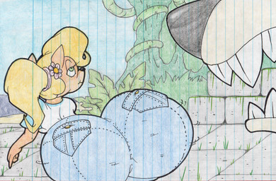 anthro big_butt blonde_hair butt clothing duo female hair looking_back outside sharp_teeth shirt teeth topwear white_clothing white_shirt white_topwear virus-20 activision crash_bandicoot_(series) coco_bandicoot bandicoot mammal marsupial 2015 traditional_media_(artwork)