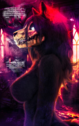 accessory anthro backlighting big_breasts black_hair bodily_fluids body_fur bone breasts breath candle candlelight chest_fur curvy_figure dominant dominant_female drooling fangs female flower flower_in_hair fluffy fluffy_breasts fluffy_ears fog fur glistening glistening_hair glowing glowing_eyes gothic_architecture grey_body grey_fur hair hair_accessory hair_over_eye inside intimidation light long_hair looking_at_viewer mature_anthro mature_female open_mouth plant profile red_flower rim_lighting romantic romantic_ambiance saliva sensual side_boob skull skull_head smoke solo speech_bubble spider_lily sunset teeth text white_eyes cutescaly scp_foundation mal0 scp-1471-a canid mammal 2025 absurd_res bust_portrait digital_media_(artwork) hi_res high_contrast lighting portrait purple_theme red_theme warm_colors