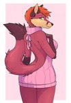 anthro biped border breasts clothed clothing eyebrows eyelashes female green_eyes hair looking_at_viewer looking_back looking_back_at_viewer orange_hair pink_background rear_view simple_background solo standing sweater tail topwear virgin_killer_sweater white_border zyira meme_clothing canid canine fox mammal 2018 digital_media_(artwork) hi_res meme portrait shaded three-quarter_portrait