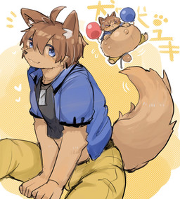 anthro balloon belly belt blue_eyes bottomwear clothing collar crop_top hair heart_symbol inflatable inflated_belly inflation inner_ear_fluff male navel pants shirt simple_background sitting solo tail text topwear tuft uso_1023 yuki_inubo canid canine canis domestic_dog mammal hi_res japanese_text