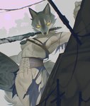abs anthro big_breasts black_nose breasts clothing crotch_tuft female female_anthro looking_at_viewer melee_weapon mouth_hold muscular muscular_anthro muscular_female scar solo sword sword_in_mouth thick_thighs torn_clothing tuft weapon wide_hips yellow_eyes swiwwel canid canine canis mammal wolf 2025 absurd_res digital_drawing_(artwork) digital_media_(artwork) hi_res