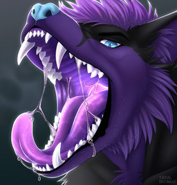 anthro black_body black_fur blue_eyes blue_nose bodily_fluids close-up cosmic_hair drooling ethereal_hair eyebrows fangs fur glowing glowing_mouth glowing_nose male mouth_shot multicolored_body open_mouth oral_vore purple_body purple_fur purple_mouth safe_vore saliva simple_background smug soft_vore solo sparkles teeth tongue tongue_out two_tone_body vore vore_tease enigmawertigo jaggal kitsunaki canid canine fox mammal 2026 headshot_portrait hi_res portrait shaded