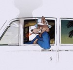 anthro black_nose blue_clothing blue_sweater blue_topwear brown_body brown_fur car cheek_tuft clothing ears_through_headwear facial_tuft fur furgonomic_headwear furgonomics half-closed_eyes hat headgear headwear inside_car inside_vehicle male narrowed_eyes side_view simple_background smile smoking solo sweater topwear tuft vehicle white_background white_clothing white_hat white_headwear soulfullhyena brockhampton saturation_ii canid canine canis mammal wolf 2025 album_cover cover english_description hi_res redraw