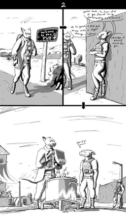 ambiguous_gender anthro armor backpack belt body_armor bottomwear bulletproof_vest campfire clothed clothing coat cooking cooking_pot day detailed_background dialogue digitigrade duo food footwear furgonomic_footwear furgonomics group grumpy gun happy holding_gun holding_object holding_ranged_weapon holding_rifle holding_weapon leaning_against_wall looking_at_another outside pants ranged_weapon rifle shirt shoes sign standing t-shirt tail tail_motion tailwag text topwear walking weapon tiny_dragon project_silverfish inheritor lizard reptile scalie 9:16 comic english_text greyscale hi_res monochrome