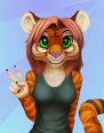 anthro breasts clothed clothing female fur gesture green_eyes hair hand_gesture long_hair looking_at_viewer solo stripes teeth v_sign whiskers jamesfoxbr mei_chengse felid mammal pantherine tiger digital_media_(artwork) hi_res shaded