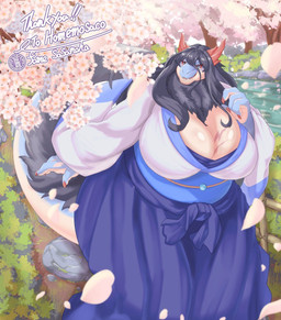 anthro asian_clothing big_breasts black_hair black_tuft blue_body blue_scales blurred_foreground breasts cherry_blossom cleavage clothed clothing east_asian_clothing female female_anthro flower glistening glistening_breasts green_eyes hair horn huge_breasts japanese_clothing kimono long_hair looking_at_viewer multicolored_body neck_tuft outside plant prunus_(flower) rear_view red_horn red_sclera river scales solo standing text thank_you tuft two_tone_body water sasanoha6011 mythology dragon mythological_creature mythological_scalie scalie english_text hi_res
