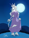 anthro clothed clothing dress fantasy female grass horn medieval medieval_clothing medieval_fantasy moon night plant solo duskdragyn mythology rankin/bass the_last_unicorn amalthea_(tlu) equid equine mammal mythological_creature mythological_equine unicorn 2021 absurd_res hi_res