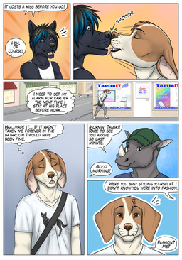 annoyed anthro baseball_cap black_body black_fur black_hair blue_eyes boop brown_eyes chin_lick city clothing computer confusion dialogue digitigrade duo electronics eye_through_hair eyebrow_through_hair eyebrows fur hair hat headgear headwear highlights_(coloring) kissing laptop logo male male/male messenger_bag nose_boop romantic romantic_couple rushing scrunched_nose scrunchy_muzzle shirt smile storefront street surprised t-shirt tan_body tan_fur tank_top text thought_bubble topwear translucent translucent_hair walking winded yelling gaikotsu airam ryan_(gaikotsu) tauski canid canine canis domestic_dog mammal rhinoceros white_rhinoceros wolf comic english_text hi_res