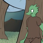 1:1 2014 anthro bottomwear clothed clothing digital_media_(artwork) fen_(lagotrope) fully_clothed grass green_body horn kobold lagotrope lizard male outline outside pants plant reptile scalie shirt solo standing story story_at_source story_in_description tgchan topwear tree