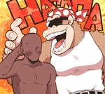 anthro blush bodily_fluids clothed clothing duo eyewear faceless_character faceless_male hand_behind_head kerchief laugh male muscular muscular_male pecs shirt sunglasses sweat tank_top text topwear vocalization minashirazu donkey_kong_(series) nintendo funky_kong ape gorilla haplorhine human mammal primate