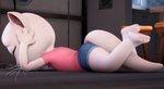 anthro bottomwear butt clothing eyes_closed feet female hair hand_on_head lying_on_ground on_ground pawpads paws pink_clothing pink_shirt pink_topwear shirt shorts soles solo toes topwear white_body white_hair talking_tom_and_friends talking_angela 3d_(artwork) digital_media_(artwork)