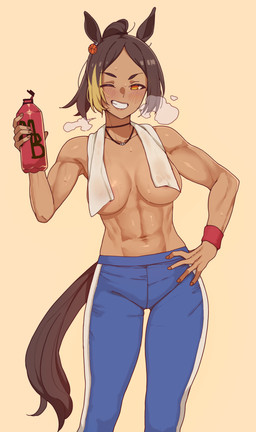 athletic athletic_female blush bodily_fluids bottle bottomwear breasts clothed clothing container convenient_censorship female grin one_eye_closed pants smile solo sweat topless towel water_bottle wink todding cygames uma_musume_pretty_derby michelle_my_baby_(pretty_derby) animal_humanoid equid equid_humanoid equine equine_humanoid horse_humanoid humanoid mammal mammal_humanoid absurd_res hi_res
