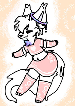anthro arm_warmers armwear bottomwear chibi clothed clothing cosmic_hair crop_top ethereal_hair eyes_closed femboy fluffy fluffy_tail fur halo legwear long_tail male shirt skirt smile solo tail tail_over_skirt thigh_highs topwear anonymous_artist canid canine fox goo_creature mammal hi_res