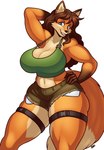 anthro big_breasts blue_eyes bottomwear breasts brown_hair cleavage clothed clothing crop_top dipstick_tail female fur gloves_(marking) hair hand_behind_head hand_on_hip hotpants legband long_hair looking_at_viewer markings midriff orange_body orange_fur shirt shorts simple_background smile solo standing strap_gap tail tail_markings thick_thighs thighband topwear white_background blazbaros telia_(beard_of_socrates) canid canine fox mammal 2023 digital_drawing_(artwork) digital_media_(artwork) hi_res