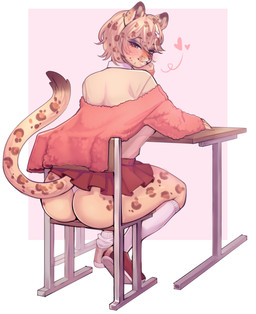 alternative_fashion anthro blonde_hair blush bottomwear butt chair clothed clothing desk female footwear furniture gyaru hair j-fashion jacket knee_highs knee_socks kogal legwear looking_at_viewer looking_back looking_back_at_viewer panties pleated_skirt rear_view shirt shoes simple_background sitting skirt socks solo table tail tail_under_skirt topwear underwear upskirt wardrobe_malfunction whiskers white_clothing white_knee_socks white_panties white_underwear romarom felid feline leopard mammal pantherine absurd_res digital_media_(artwork) hi_res shaded