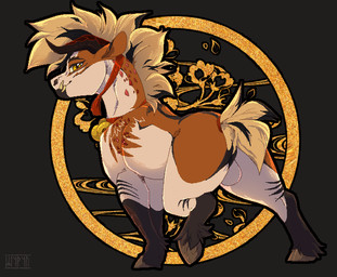 2_horns balls bell black_hair brown_body brown_fur demonic feral fur fur_markings genitals hair head_horn horn looking_at_viewer looking_back male markings multicolored_body multicolored_fur multicolored_hair solo tail teetch teeth text two_tone_body two_tone_fur two_tone_hair two_tone_tail white_body white_fur white_hair yellow_eyes shyryp demon equid equine horse mammal digital_media_(artwork) english_text