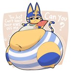 1:1 2022 3_toes :< abyssinian_cat animal_crossing ankh ankh_piercing ankha_(animal_crossing) anthro asking asking_viewer barefoot big_butt biped black_eyes blue_clothing blue_ears blue_eyeshadow blue_panties blue_stripes blue_tail blue_underwear bob_cut border bottom_heavy bottomwear bow_panties bow_underwear breasts butt cat_tail clothed clothing colored deep_navel digital_drawing_(artwork) digital_media_(artwork) domestic_cat dress egyptian egyptian_clothing egyptian_headdress english_text eyelashes eyeshadow fanning fanning_self featureless_hands feet felid feline felis female female_anthro front_view full-length_portrait fur hair hi_res huge_butt hyper_pear ineffective_clothing leg_markings lidded_eyes maddeku makeup mammal markings midriff monobutt monobutt_may morbidly_obese morbidly_obese_anthro morbidly_obese_female navel navel_piercing nemes_(clothing) nintendo noseless obese obese_anthro obese_female outer_highlight outline overweight overweight_anthro overweight_female panties paper_fan partially_clothed partially_clothed_anthro partially_clothed_female pattern_bottomwear pattern_clothing pattern_panties pattern_underwear piercing portrait prick_ears question_mark shaded simple_background small_feet solo standing striped_arms striped_body striped_bottomwear striped_clothing striped_fur striped_legs striped_markings striped_panties striped_tail striped_underwear stripes tail tail_markings talking_to_viewer tan_background text three-quarter_view toes topwear underwear uraeus white_border white_clothing white_outline white_panties white_text white_underwear wide_hipped_anthro wide_hipped_female wide_hips yellow_body yellow_fur yellow_inner_ear yellow_tail yes-no_question