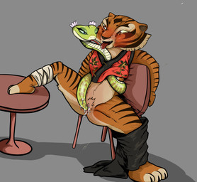anthro anthro_on_feral anthro_penetrated barefoot bestiality between_breasts blush bodily_fluids bottomwear bottomwear_around_one_leg bottomwear_down breasts clothed clothing clothing_around_one_leg duo eye_contact feet female female/female female_on_anthro female_on_feral female_penetrated female_penetrating female_penetrating_anthro female_penetrating_female feral feral_penetrating feral_penetrating_anthro feral_penetrating_female genital_fluids genitals limbless_vertebrate looking_at_another open_mouth pants pants_around_one_leg penetration raised_leg sex size_difference spread_legs spreading tail tail_fetish tail_in_vagina tail_insertion tail_play tail_sex toes tongue tongue_out vaginal vaginal_penetration vulva lucythunder dreamworks kung_fu_panda master_tigress master_viper felid mammal pantherine reptile scalie snake tiger viper absurd_res hi_res