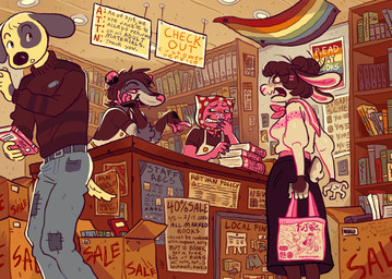 angry anthro book book_stack bookshelf bottomwear clothing detailed_background female flirty_expression fujoshi furniture group hankerchief lgbt_pride limp_wrist low-angle_view male pride_colors rabbit_ears rainbow_pride_colors sale short_tail skirt spots store tail teasing tote_bag worm's-eye_view jojoekaki american_opossum canid canine canis domestic_dog domestic_pig lagomorph leporid mammal marsupial rabbit suid suine sus_(pig) virginia_opossum hi_res