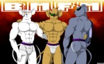 abs antennae_(anatomy) anthro athletic biceps big_muscles black_nose blue_body blue_fur boxer_briefs briefs brown_body brown_fur brown_hair bulge butt clothed clothing ear_piercing ear_ring eye_patch eyewear front_view fur glasses grey_body grey_fur group hair head_tuft jockstrap looking_at_viewer looking_back male muscular muscular_anthro muscular_male pecs piercing pose prosthetic prosthetic_arm prosthetic_limb rear_view red_eyes ring_piercing standing sunglasses tattoo thong topless tuft underwear white_body white_fur fabfelipe biker_mice_from_mars modo_(bmfm) throttle_(bmfm) vinnie_(bmfm) alien mammal mouse murid murine rodent