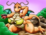 anthro big_breasts bikini breasts clothed clothing female flustered hand_behind_head kneeling orange_body orange_skin pokeball solo swimwear tail thick_thighs two-piece_swimsuit wings happyanthro mythology nintendo pokemon dragon dragonite generation_1_pokemon mythological_creature mythological_scalie pokemon_(species) scalie