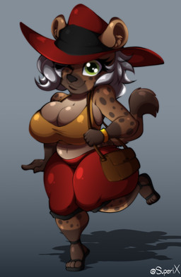 anthro belly big_breasts breast_squish breasts brown_body brown_fur brown_spots chibi cleavage cleavage_overflow clothed clothing crop_top curvy_figure eyelashes feet female fingers footwear fur green_eyes grey_background grey_hair hair hat headgear headwear huge_breasts inner_ear_fluff looking_at_viewer markings mature_anthro mature_female midriff multicolored_body multicolored_fur navel one_eye_closed purse sandals shadow shirt shoes short_hair simple_background slightly_chubby smile solo spots spotted_body spotted_fur squish tan_body tan_fur text thick_thighs toes topwear tuft voluptuous wide_hips wink winking_at_viewer superix silver_(ezukapizumu) hyena mammal spotted_hyena 2019 absurd_res artist_name digital_media_(artwork) hi_res