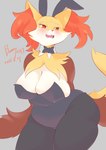 anthro big_breasts black_body black_fur blush breast_squish breasts brown_body brown_fur cheek_tuft cleavage clothed clothing curvy_figure facial_tuft fake_ears fake_rabbit_ears female female_anthro fur hands_behind_back huge_breasts inner_ear_fluff kemono multicolored_body multicolored_fur open_mouth open_smile overweight overweight_anthro overweight_female red_body red_eyes red_fur red_nose shirt_collar skindentation smile solo squish tail text thick_thighs tuft voluptuous white_body white_fur yellow_body yellow_fur ukenya nintendo pokemon canid delphox generation_6_pokemon mammal pokemon_(species) 2021 absurd_res dated digital_media_(artwork) english_text hi_res japanese_text portrait three-quarter_portrait translated translated_description