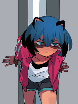 alley annoyed anthro athletic_wear bent_over blue_hair bottomwear clothed clothing facial_markings female frown gloves_(marking) hair head_markings jacket kemono markings mask_(marking) narrowed_eyes orange_body shirt short_hair shorts solo struggling stuck stuck_tail topwear i4_kan brand_new_animal studio_trigger michiru_kagemori canid canine mammal raccoon_dog tanuki 2020 3:4 digital_media_(artwork) hi_res