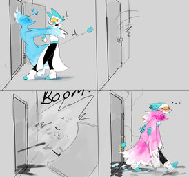 4_panel anthro biped black_body blue_body blush blush_lines blushing_profusely door door_slam doorway duo electricity electrocution ellipsis embarrassed empty_eyes exclamation_point explosion eyes_closed female female/female female_anthro floating_hands grey_background heart_symbol holding_partner legless looking_at_another looking_at_partner mouthless onomatopoeia pink_body side_view simple_background sound_effects spiral spiral_eyes suggestive tail text water wet white_body yellow_eyes murace4 deltarune undertale_(series) miss_mizzle tasque_manager darkner elemental_creature felid feline mammal robot_anthro water_creature 2025 comic digital_drawing_(artwork) digital_media_(artwork) english_description english_text hi_res
