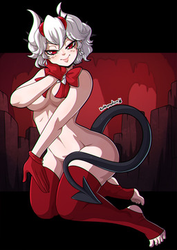breasts clothing female freckles hair legwear not_furry red_eyes solo spade_tail tail thigh_highs white_hair kinkymation helltaker beelzebub_(helltaker) demon demon_humanoid humanoid hi_res