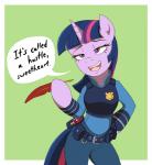 2016 anthro badge border clothed clothing cosplay crossover deaffinity deannart dialogue disney english_text equid equine female friendship_is_magic hair hasbro hi_res horn judy_hopps looking_at_viewer loose_feather mammal multicolored_hair my_little_pony mythological_creature mythological_equine mythology open_mouth police police_uniform purple_eyes quill semi-anthro simple_background solo teeth text tongue twilight_sparkle_(mlp) unicorn uniform white_border zootopia