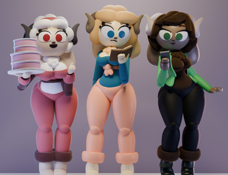 anthro big_butt blue_eyes bouncing_breasts breasts brown_body brown_fur butt cake cellphone cleavage cleavage_cutout cleavage_overflow clothed clothing curved_horn curvy_figure cutout dark_body dark_fur dessert electronics excited exposed_breasts featureless_breasts female fluffy fluffy_hair food frown fur green_eyes group hair hip_sway holding_object horn jacket jiggling long_ears orange_hair phone reading red_eyes simple_background smartphone smile tan_body tan_fur topwear tuft white_hair wide_hips guak emma_(guak) ruth_(guak) zoey_(guak) bovid caprine mammal sheep 3d_(artwork) 3d_animation animated animated_webp digital_media_(artwork) loop