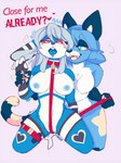 accessory anthro areola bdsm bedroom_eyes belly big_breasts blue_body blue_fur blue_hair blue_insides blue_tongue blush blush_lines bodily_fluids bound_to_vibrator breasts buckteeth camel_toe claws clitoral clitoral_masturbation clitoris clitoris_outline collar collar_only collar_pull dialogue dominant dominant_female dripping duo ear_tuft edging facial_markings female female/female fluffy fluffy_tail fur fur_markings garter genitals gentle_femdom gloves_(marking) green_eyes grey_body grey_fur grey_hair hair half-closed_eyes head_markings heart_symbol holding_wrist interspecies kneeling leash leash_pull leashed_collar leg_markings long_ears looking_at_another looking_at_partner looking_down markings masturbation multicolored_body multicolored_fur narrowed_eyes nipples nude one_eye_obstructed onomatopoeia open_mouth orgasm_control orgasm_denial pawpads paws penetration predator/prey presenting_to_viewer pussy red_eyes retractable_claws saliva seductive sex_toy sex_toy_in_pussy sex_toy_insertion shaking sharp_teeth simple_background smile socks_(marking) sound_effects spread_legs spreading star star_(marking) striped_markings striped_tail stripes submissive submissive_female tail tail_markings tears tears_of_pleasure teasing teeth text thick_thighs tongue tongue_out tremble_spikes trembling tuft vaginal vaginal_masturbation vaginal_penetration vibrator vibrator_controller vibrator_in_pussy vibrator_on_clitoris white_belly white_body white_fur yellow_body yellow_fur yellow_insides thehiggles neki_(thehiggles) pheeni domestic_cat felid feline felis lagomorph leporid mammal rabbit digital_media_(artwork) english_text hi_res