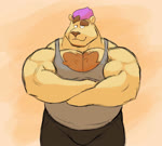 anthro beard biceps big_muscles body_hair bottomwear bouncing_pecs brown_hair brown_nose chest_hair clothing crossed_arms eyebrows facial_hair flexing fur hair huge_muscles looking_at_viewer male musclegut muscular muscular_anthro muscular_male overweight overweight_anthro overweight_male pec_flexing pecs pink_hair shirt shorts solo tank_top thick_eyebrows topwear yellow_body yellow_fur lizard_soup hugh_(lizard_soup) felid lion mammal pantherine 2019 animated no_sound short_playtime webm