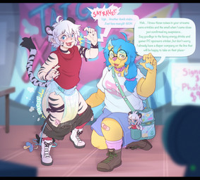 anthro assisted_exposure band-aid band-aid_on_face band-aid_on_knee band-aid_on_leg band-aid_on_nose bandage bandage_on_face bandage_on_nose black_bottomwear black_clothing black_eyebrows black_shorts blue_bottomwear blue_clothing blue_eyebrows blue_eyes blue_hair blue_pawpads blue_shorts bodily_fluids boots bottomwear character_plushie choker clothing collar dialogue diaper duo ear_piercing eyebrows eyewear feces female footwear fur genital_fluids glasses green_eyes hair jewelry laced_boots male markings necklace pacifier pacifier_clip pantsing pawpads piercing pink_collar pooping posing_for_picture print_clothing print_shirt print_t-shirt print_topwear public public_diaper_use public_exposure red_clothing red_shirt red_topwear shirt shoes shorts shoulder_bag soiled_diaper soiling soiling_diaper sound_effects speech_bubble striped_markings striped_tail stripes t-shirt tail tail_markings text topwear torn_bottomwear torn_clothing torn_shorts unclean_diaper urine used_diaper using_diaper wet_diaper wetness_indicator wetting wetting_diaper white_clothing white_hair white_shirt white_topwear yellow_body yellow_fur bubblepuppers bubblegum_(bubblepuppers) taigaxholic animal_humanoid canid canine canis domestic_dog felid felid_humanoid humanoid mammal mammal_humanoid pantherine pantherine_humanoid tiger tiger_humanoid english_text hi_res trans_(lore) trans_woman_(lore)