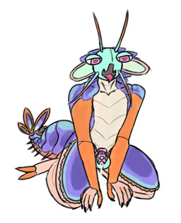 ahegao anthro blue_body blue_scales chastity_cage chastity_device femboy heart_eyes heart_symbol kneeling looking_pleasured male orange_body orange_scales pink_chastity_cage scales solo shrimp_in_a_cage shrim aquatic arthropod caridean_shrimp crustacean decapod malacostracan pistol_shrimp shrimp hi_res