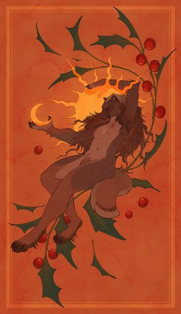 anthro areola berry breasts brown_body brown_fur claws crescent_moon crotch_tuft finger_claws food fruit fur genitals gynomorph hair holly_(plant) intersex long_hair moon nipples nude nude_anthro pawpads paws penis plant reclining red_eyes solo sun toe_claws tuft hydde gulonine mammal mustelid musteline wolverine 2023 digital_media_(artwork) hi_res nonbinary_(lore) trans_(lore) trans_woman_(lore)
